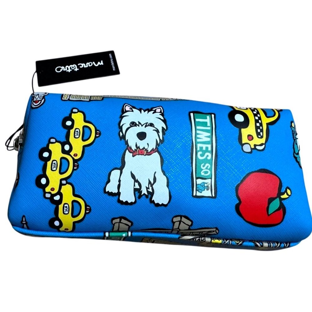 NWT Marc Tetro NYC Dog Taxi Apple Bridge Print Blue Cosmetic Bag Pouch
